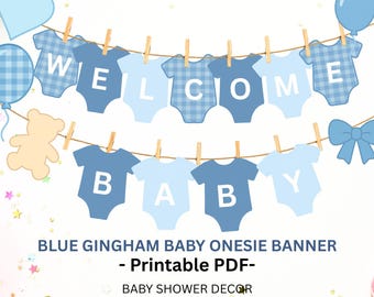 Baby Shower Banner „Oh Baby“ – 9-teilig, Blau-kariert, Für Junge, Deko Für Babyparty Oder Kinderzimmer