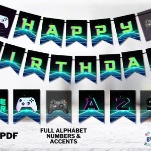 Druckbare Video Gamer Happy Birthday Banner Flaggen mit Retro Video Controller Bildern | Sofort Download