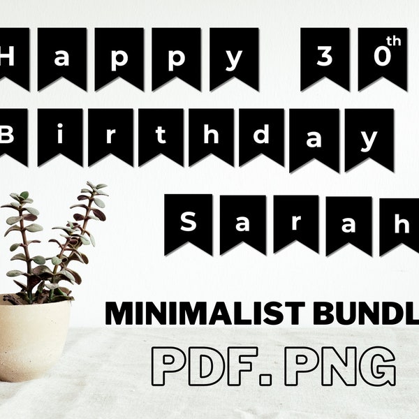 Minimalistic Birthday Banner Design - Monochrome - Black and White  - PNG & PDF - Upper and Lower Case Alphabet, Numbers, Symbols