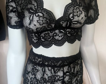 Someone to You Black Lace Floral 2 piece lingerie babydoll set gift for wife girlfriend bridal wedding anniversary birthday honeymoon