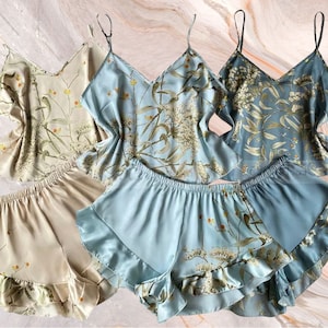 Adorable 2 Piece Cherry Pajamas Set silky cute set floral classic design ruffle shorts gift wedding bridal valentines anniversary sleep