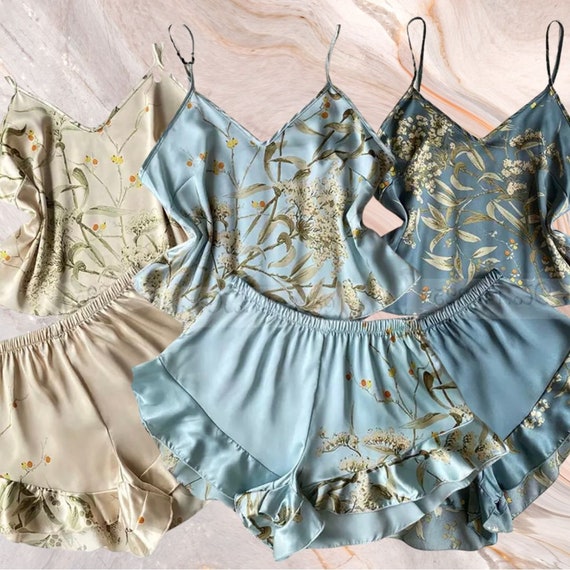 Women’s Silk Pajama Set – 2-Piece Bow Back Cami Crop Top & Ruffle Hem Pants - View #4