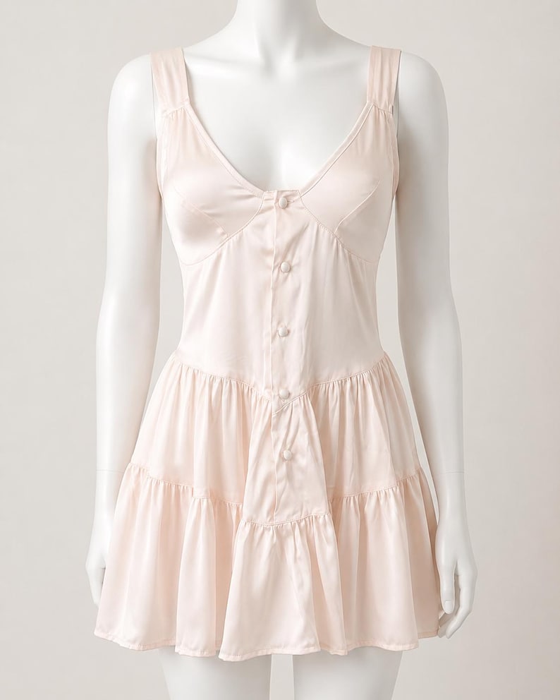 May include: A pale pink sleeveless mini dress featuring a deep V-neckline, a button-down front with five matching fabric-covered buttons, and a tiered skirt design. The garment is crafted from a smooth, satin-like fabric with a subtle sheen.