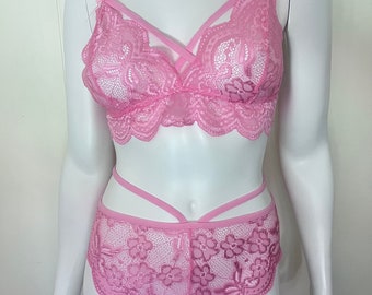 Pretty Pink Lace Lingerie Set see through lace lingerie babydoll two piece gift for wife girlfriend anniversary birthday bridal wedding