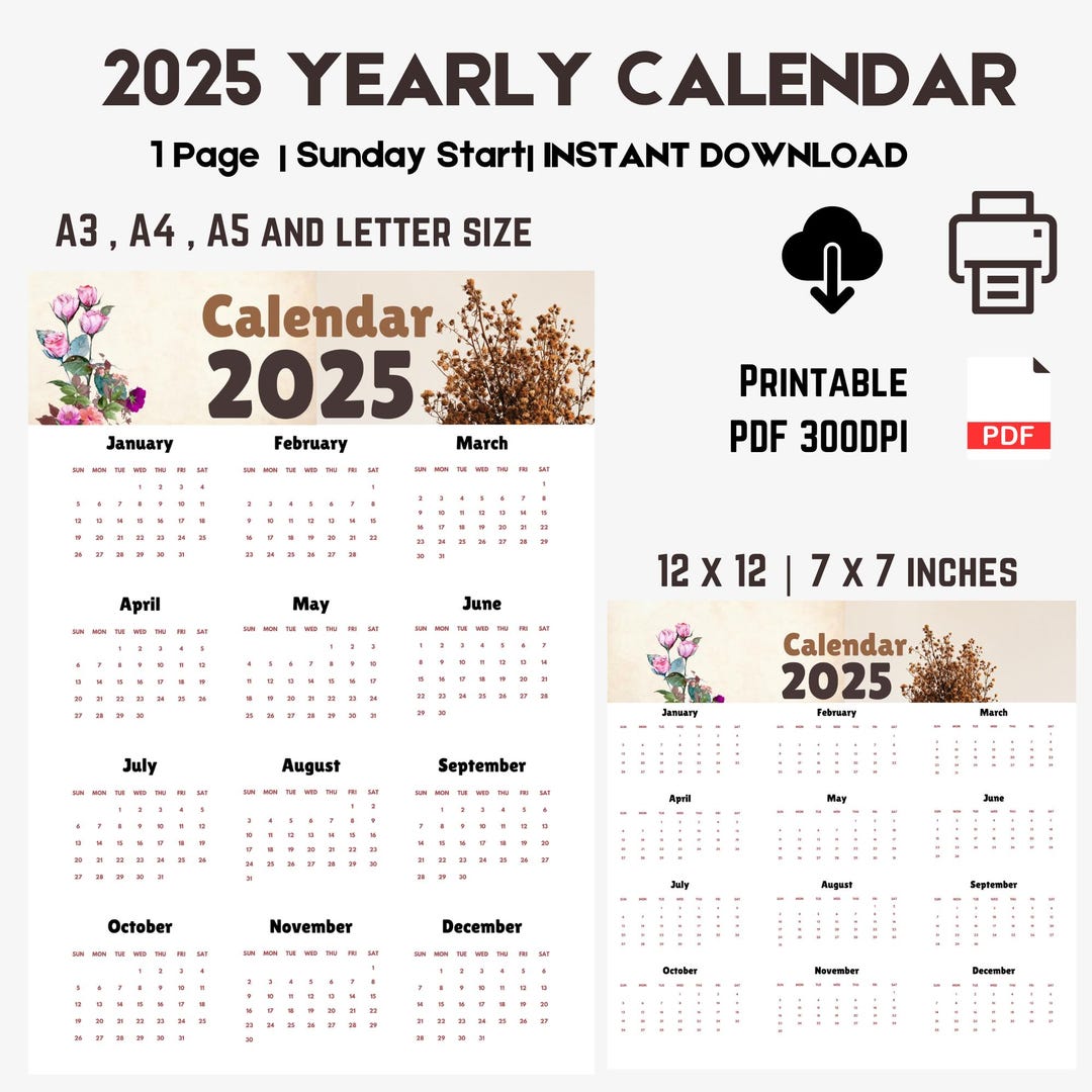 2025 One-page Printable Calendar 7 Sizes Available: A3, A4, A5, Letter