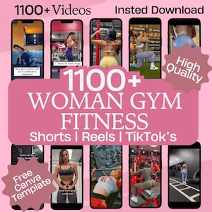 Puede incluir: Imagen promocional para un programa de fitness. La imagen presenta múltiples teléfonos inteligentes que muestran videos de entrenamiento. El texto en la imagen dice "1100+ Woman Gym Fitness Shorts | Reels | TikTok's" y "Free Canva Template."