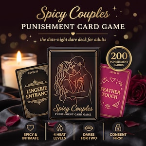 May include: A Spicy Couples Punishment Card Game deck featuring 200 cards. The black box displays a gold line-art illustration of a couple. Two cards are visible: a black Level IV Lingerie Entrance card and a magenta Level II Feather Touch card.