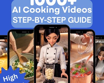 May include: A digital graphic featuring multiple smartphone screens displaying AI-generated cooking videos. The text reads 1000+ AI Cooking Videos STEP-BY-STEP GUIDE, Insted Download, MRR & PLR, High Quality, GARLIC, and WITH, set against a blue background.