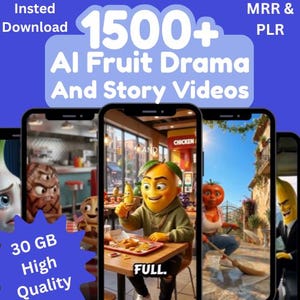 Könnte beinhalten: Eine digitale Sammlung von 1500+ KI-generierten Frucht-Drama- und Story-Videos mit animierten Fruchtfiguren in verschiedenen Szenen. Die Anzeige zeigt mehrere Smartphone-Bildschirme mit einer Mango, einer Tomate und einer Banane. Text: 30 GB High Quality.