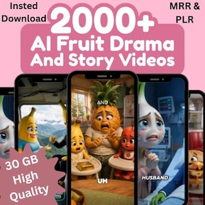 Op de afbeelding: Een digitale collectie van 2000+ AI Fruit Drama And Story video's met geanimeerde fruitkarakters in diverse scènes. Het display toont smartphones met clips van een ananas, banaan en ui. Inclusief 30 GB aan bestanden van hoge kwaliteit.