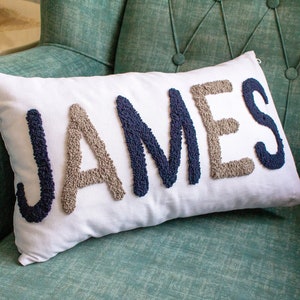 Custom Embroidered Pillow Cover, Punch Needle Name Pillow, Personalized Monogram Pillow, Tufted Pillow Cover, Lumbar Throw Pillow