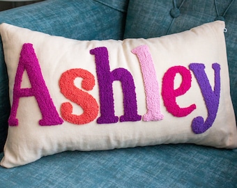 Custom Girl Name Punch Needle Pillow Cover, Embroidered Lumbar Pillow