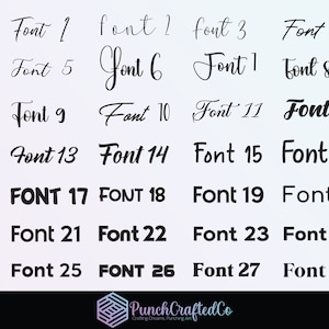 K&ouml;nnte beinhalten: Eine Tabelle mit 28 verschiedenen Schriftarten, beschriftet von "Schriftart 1" bis "Schriftart 28". Die Tabelle befindet sich auf einem wei&szlig;en Hintergrund mit einem hellblauen Farbverlauf.