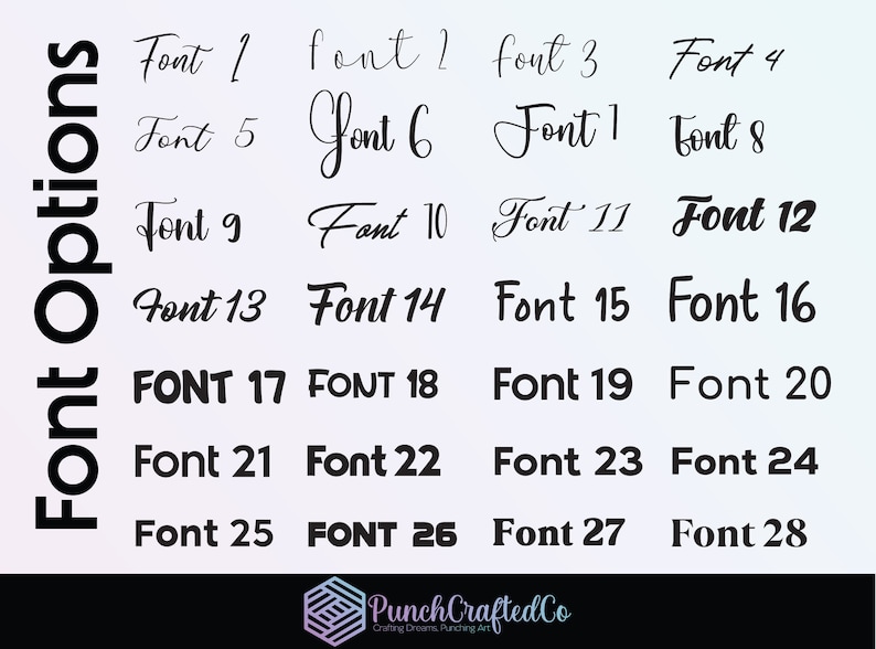 K&ouml;nnte beinhalten: Eine Tabelle mit 28 verschiedenen Schriftarten, beschriftet von "Schriftart 1" bis "Schriftart 28". Die Tabelle befindet sich auf einem wei&szlig;en Hintergrund mit einem hellblauen Farbverlauf.