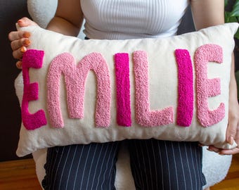 Personalized Name Embroidered Pillow Cover, Punch Needle Pilow, Custom Name Pillow, Lumbar Pillow, Personalize Gift, Baby Shower Gift