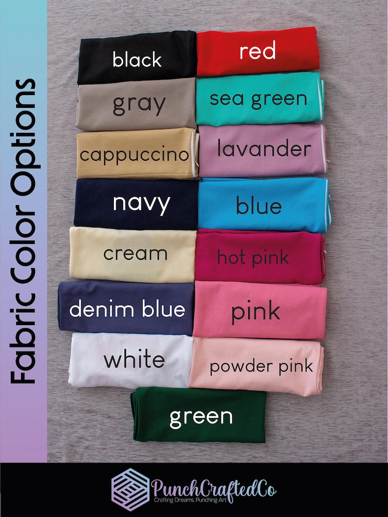 K&ouml;nnte beinhalten: Stoffmuster in verschiedenen Farben, darunter Schwarz, Rot, Grau, Seegr&uuml;n, Cappuccino, Lavendel, Marine, Blau, Creme, Pink, Jeansblau, Rosa, Wei&szlig;, Puderrosa und Gr&uuml;n. Die Muster sind in zwei Spalten angeordnet, mit dem Text "Fabric Color Options" auf der linken Seite des Bildes.