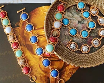 Vintage Middle Age Jewelry Retro Italian Backflow Natural Stone Bracelet