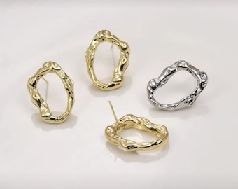 Boucles D'oreilles Tiges Ovales Irrégulières Plaqué Or 14k