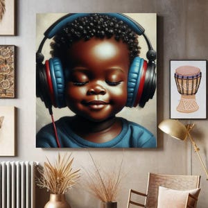 Impression sur toile enfant noir, enfant afro-américain avec casque, art mural pour chambre d'enfant, art garçon noir, cadeau pour mélomane, tenture murale pour chambre d'enfant