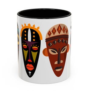 African Mask Coffee Mug, Tribal Print Kitchen Decor, Ethnic Ceramic Cup, Boho Coffee Mug, Afrocentric Kitchen Decor, African Mask Tea Cup