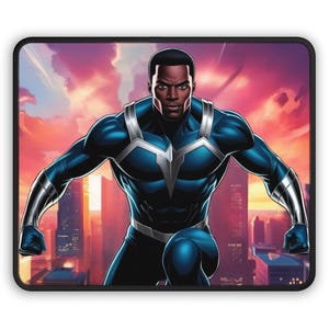 Black Superhero Gaming Mouse Pad, African American Desk Mat, Cool Hero Computer Accessory, Black Man Desk Pad, Anti-Slip Gaming Mat