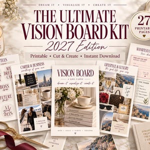 以下が含まれることがあります： Ultimate Vision Board Kit 2027 Editionには、ビジョンのタイトル、マニフェステーションの書類、目標トラッカーを含む27枚の印刷可能なページが含まれています。このキットは、様々なライフスタイルの画像、モチベーションを高めるテキスト、マルーンと白の配色による美しいレイアウトを表示し、金のハサミとペンが添えられています。