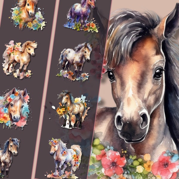 Floral Pony Clipart Bundle - High-Resolution PNG Files, Instant Download, Perfect for Personal & Commercial Use, Crafting and Decor