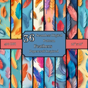 Op veren Papercraft geïnspireerde naadloze patronenbundel, hoge resolutie 400 DPI, 10 x 10 inch digitale achtergronden, voor commercieel en persoonlijk gebruik