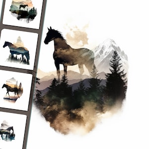 Lot de cliparts cheval double exposition - fichiers PNG haute résolution, fond blanc, 400 ppp, usage personnel et commercial