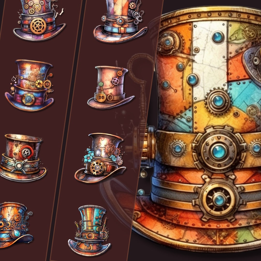 Steampunk Top Hat Clipart Bundle PNG Files, Vintage Industrial Headwear ...