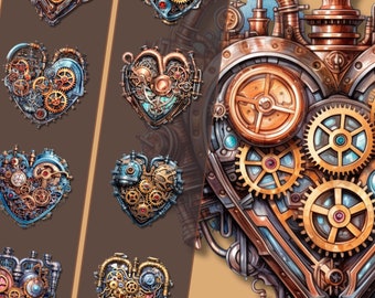 Steampunk Heart Clipart Bundle - High-Resolution PNG Files, Retro-Futuristic Love Illustrations, Instant Download