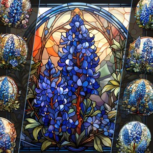 Paquete de imágenes prediseñadas Bluebonnet de vidrieras: ilustraciones florales, archivos PNG, descarga instantánea, perfecto para uso personal y comercial