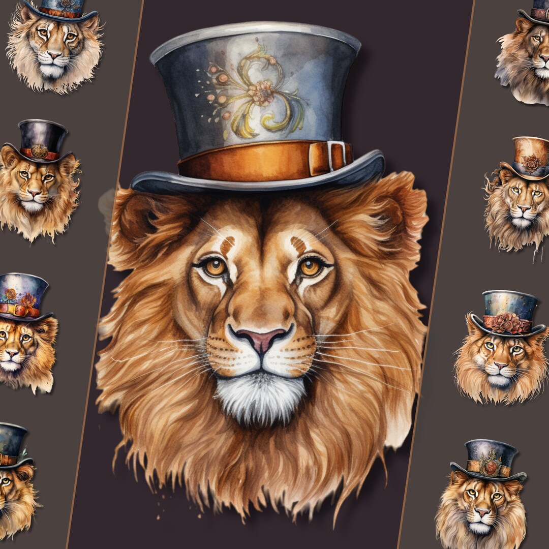 Lion Wearing a Top Hat Clipart Bundle, PNG Format, for Junk Journals ...
