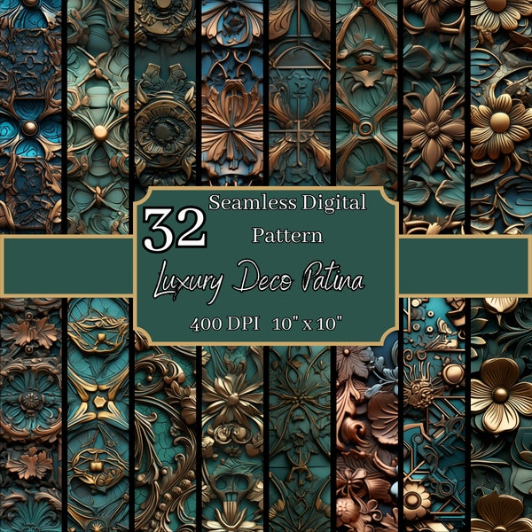 Luxury Deco Patina Seamless Patterns Bundle, High-End 400 DPI, 10x10 Inch Vintage Digital Backgrounds, For Commercial & Personal Use
