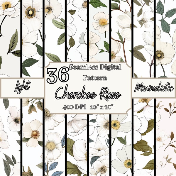 Minimalistic Cherokee Rose Seamless Patterns Bundle, Elegant 400 DPI, 10x10 Inch Floral Digital Backgrounds, For Commercial & Personal Use