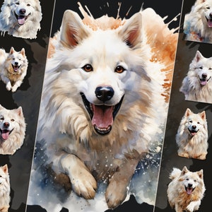 サモエド クリップアート バンドル 愛らしい北極犬のイラスト、高解像度の PNG ファイル、即時ダウンロード、個人および商業利用に最適
