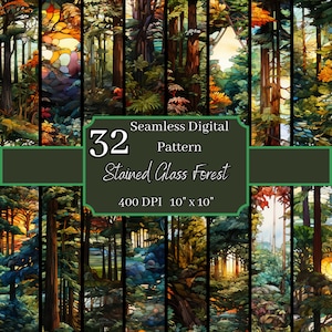 Pacote de padrões sem costura de floresta de vitral, alta resolução 400 DPI, fundos digitais de 10 x 10 polegadas, para uso comercial e pessoal