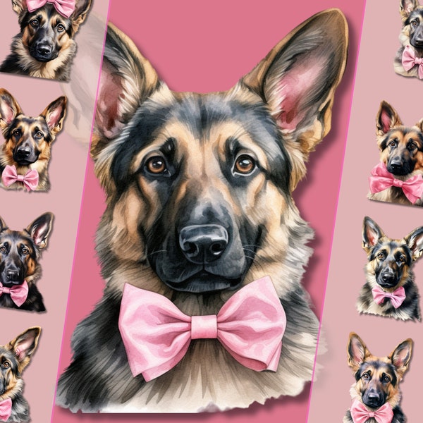 German Shepherd wearing Pink bow ClipArt Bundle, PNG format, Junk Journals, Digital Design, for Personal & Commercial Use, Instant Download