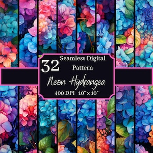 Bundle di motivi senza soluzione di continuità con ortensie ad acquerello al neon, sfondi digitali floreali luminosi a 400 DPI, 10x10 pollici, per uso commerciale e personale