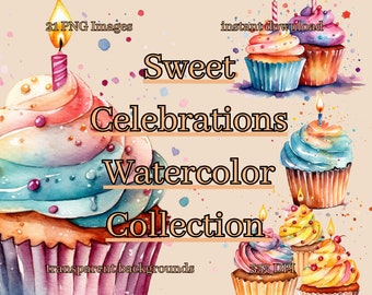 Cupcake Clipart Sweet Celebrations Watercolor Collection Birthday Cupcake Clipart  in PNG Format, Instant Download for Commercial Use
