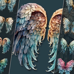 Paquete de imágenes prediseñadas de alas de ángel, ilustraciones de alas etéreas, archivos PNG, fondo transparente, descarga instantánea, para uso personal y comercial
