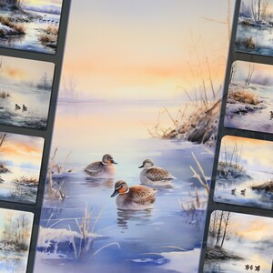 Paquete de imágenes prediseñadas de lago congelado temprano en la mañana: ilustraciones de Winter Lake, archivos PNG, descarga instantánea, para uso personal y comercial