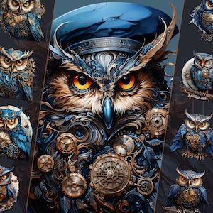 Steampunk Eulen-Clipart-Bundle, PNG Clipart, mechanische Kunst der Vögel, für den persönlichen und kommerziellen Gebrauch, ideal für digitales Kunsthandwerk, Junk Journal