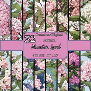 Bundel met naadloze berglaurierpatronen, op de natuur geïnspireerd 400 dpi, 10 x 10 inch bloemen digitale achtergronden, voor commercieel en persoonlijk gebruik