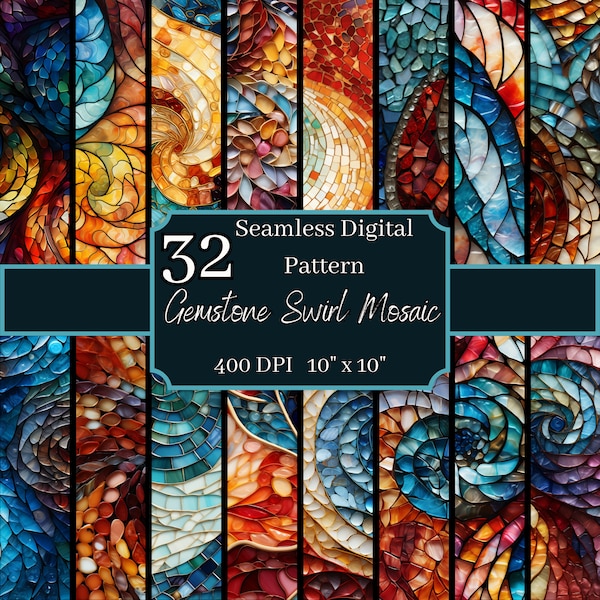 Gemstone Swirl Mosaic Seamless Patterns Bundle, Luxurious 400 DPI, 10x10 Inch Jewel-Toned Digital Backgrounds, For Commercial & Personal Use