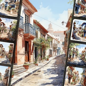 Clipartbundel Spaanse straat - charmante mediterrane stadillustraties, png-bestanden, witte achtergrond, voor persoonlijk en commercieel gebruik