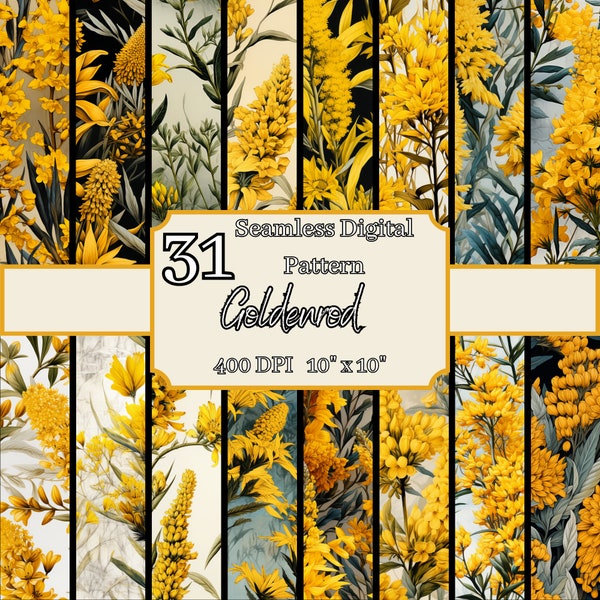 Goldenrod Drypoint Seamless Patterns Bundle, Nature-Inspired 400 DPI, 10x10In Botanical Digital Backgrounds, For Commercial & Personal Use