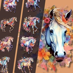 Floral cheval Clipart Bundle Illustrations équines fantaisistes, fichiers PNG haute résolution, téléchargement immédiat, pour usage personnel et commercial