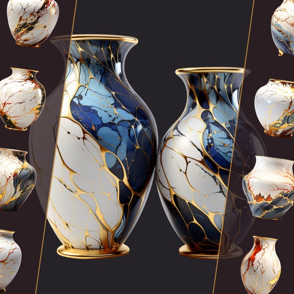 Kintsugi Vase Clipart Bundle, PNG, for Digital Art, Junk Journal and Digital Crafts, Restorative Illustrations for Personal & Commercial Use