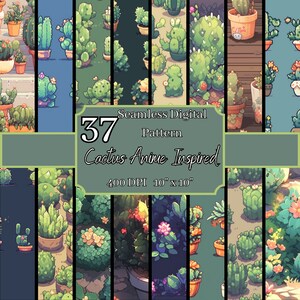 Paquete de patrones sin costuras inspirados en el anime Cactus, fondos digitales divertidos de 10 x 10 pulgadas, 400 DPI, para uso comercial y personal